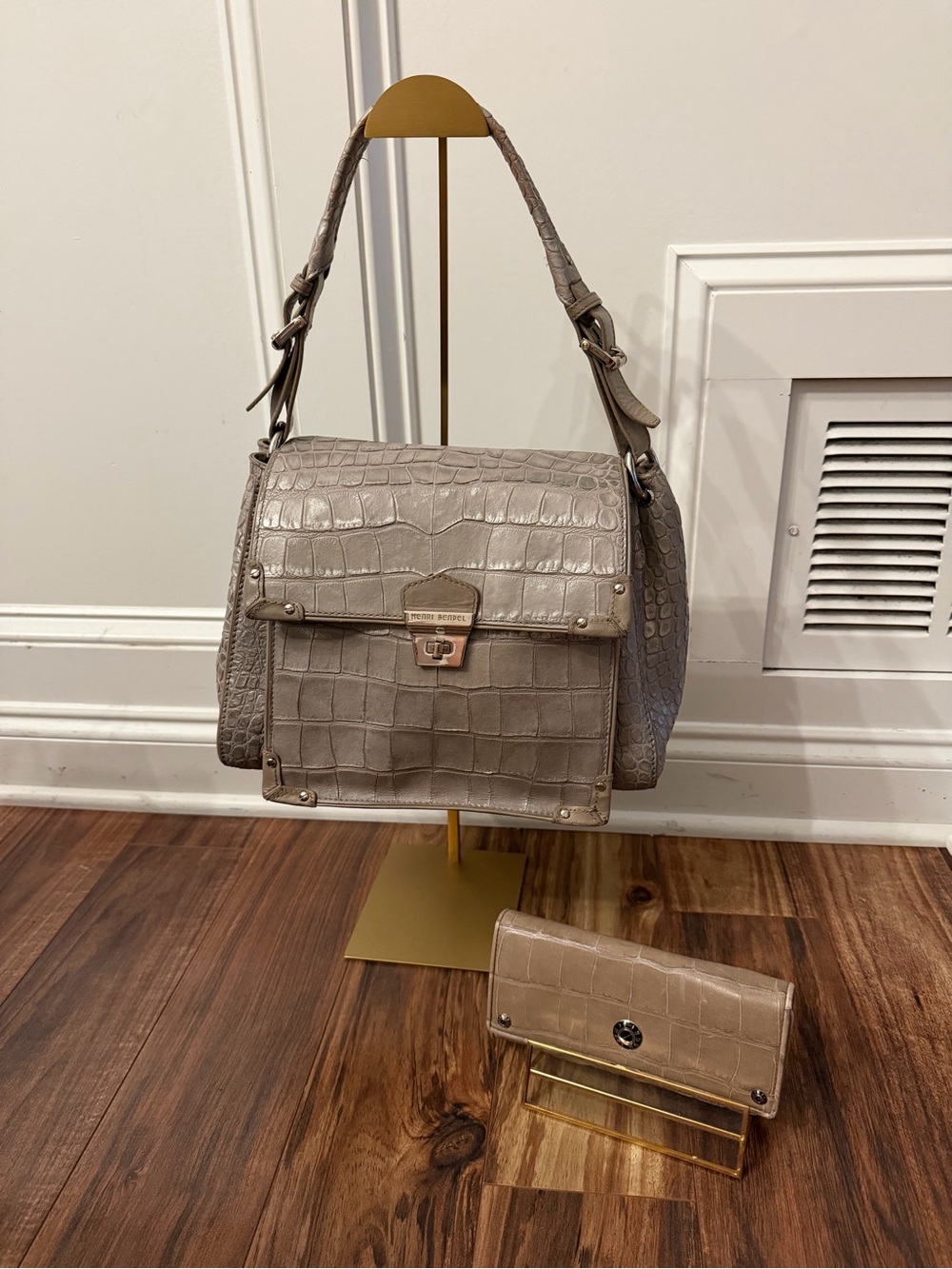 henri bendel Croc-Embossed Taupe Shoulder Bag with Matching Wallet